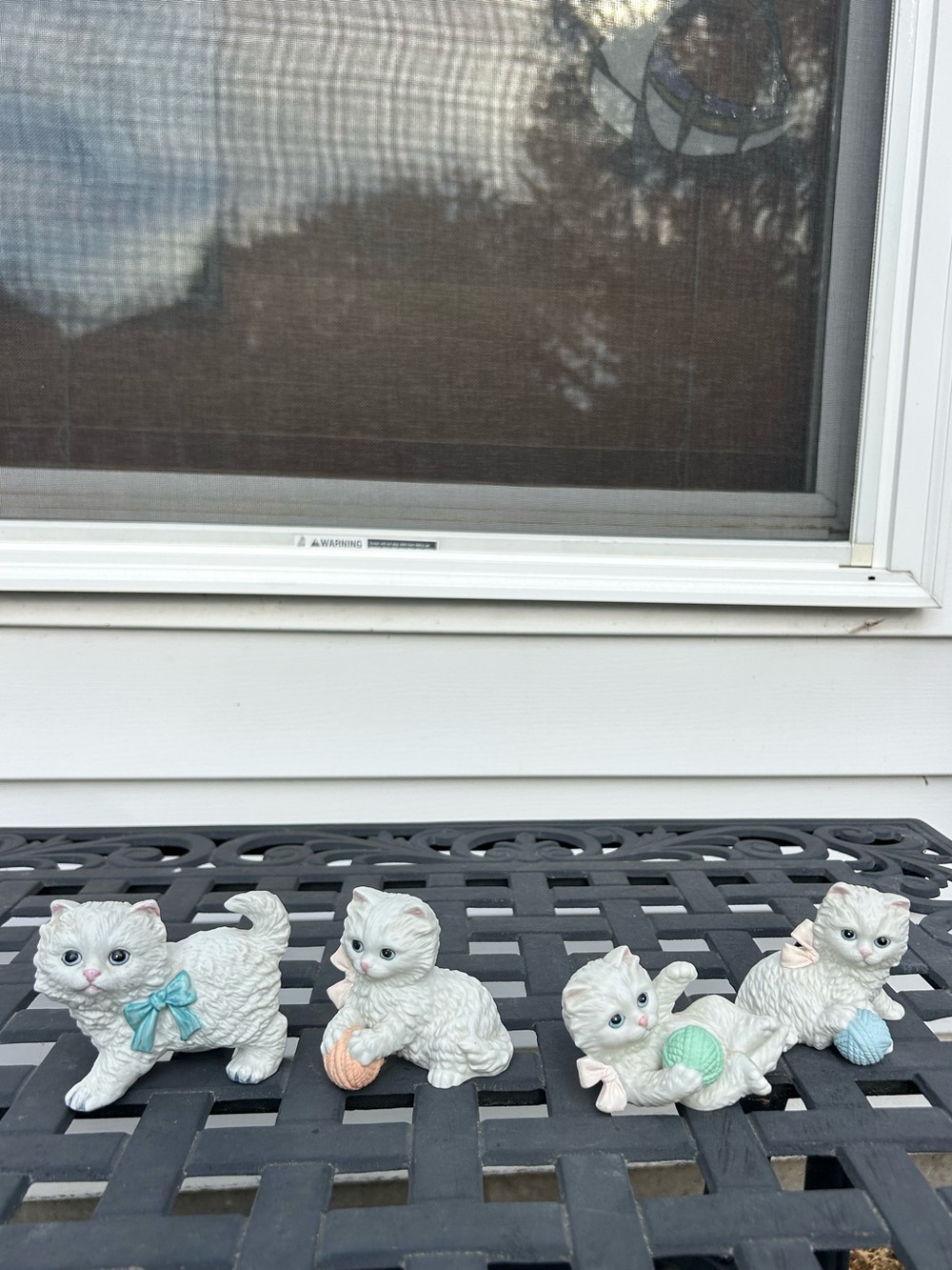 Four Vintage Homco white kittens yarn Persian cat grannycore cottagecore